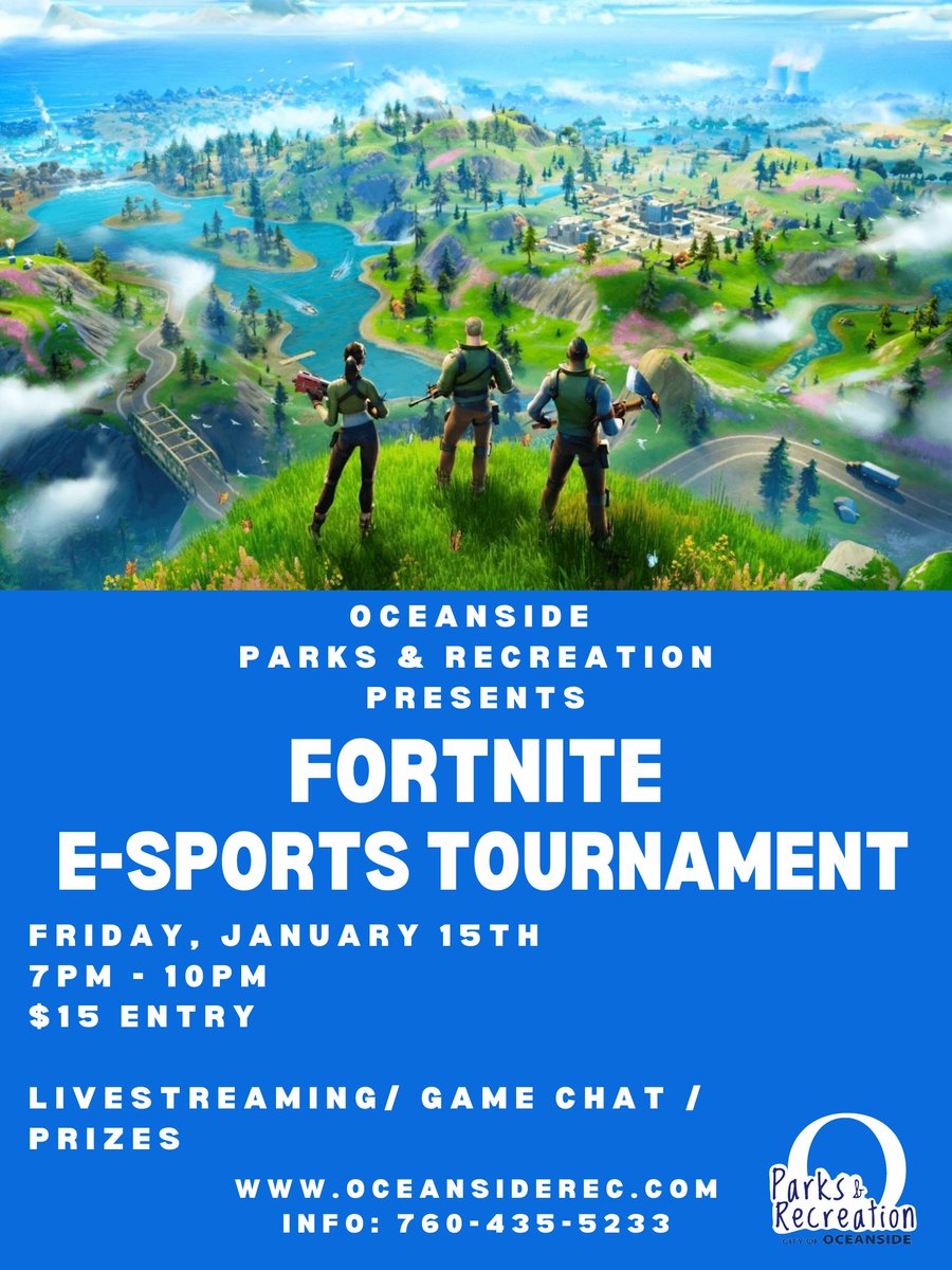 FORTNITE E-SPORTS TOURNAMENT- LIVESTREAM
Watch our tournament live at 7:00PM!
WATCH HERE: bit.ly/2K9n00K

ALL spectators are invited to the Fortnite E-Sports tournament! Gamers will get to compete in multiple Fortnite free-for-all matches and more!
#Oceanside #fortnite