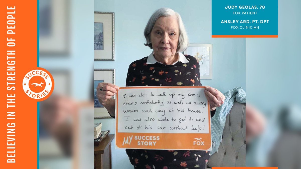 FOXRehab's tweet photo. "I was able to walk up my son's stairs confidently as well as a very uneven walkway at his house. I was able to get in and out of his car without help!"
Judy Geolas, 78 years young, is living a more confident life thanks to her FOX clinician Ansley Ard, PT, DPT.
#FOXfeats https://t.co/kbeg96Qy66
