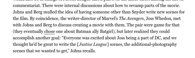 In regards to Whedon's involvement in Justice League, Johns admitted that he got Joss on board to help write scenes for Justice League even prior to Zack's departure around when Joss was only involved in Batgirl around the time.