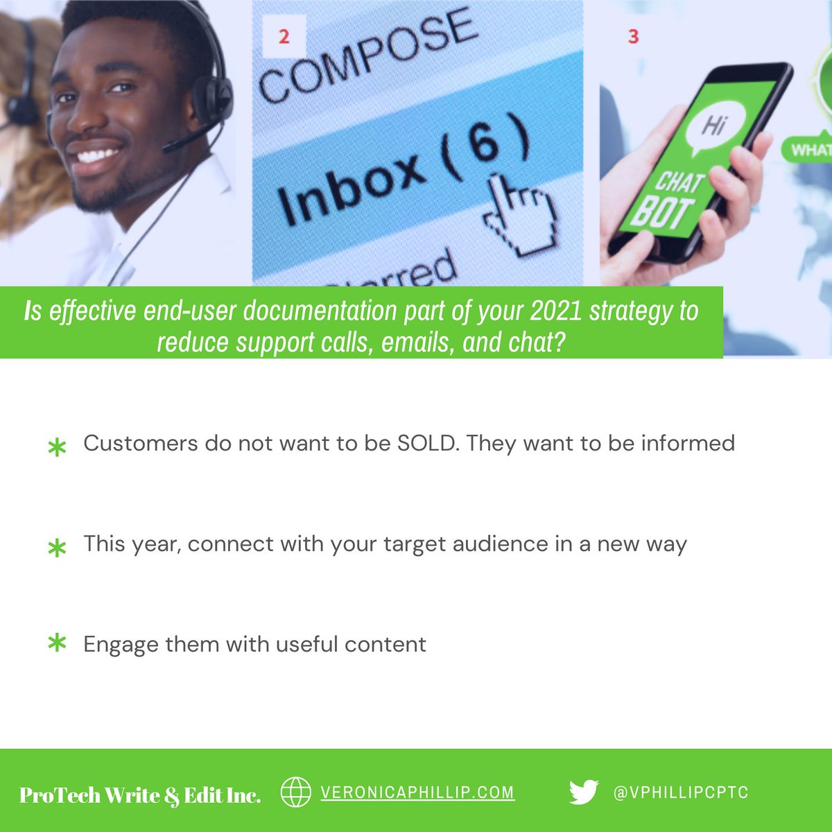 VphillipCptc's tweet image. Customers do not want to be SOLD. They want to be informed. This year, connect with your target audience in a new way. Engage them with useful content. 
#technicaldocumentation #enduserdocumentation
veronicaphillip.com