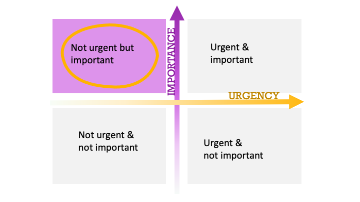 Point on this slide is to make sure you are making time for things in the top left quadrant - that is likely where things related to your own goals reside, and yet they often get pushed aside for the urgent things.