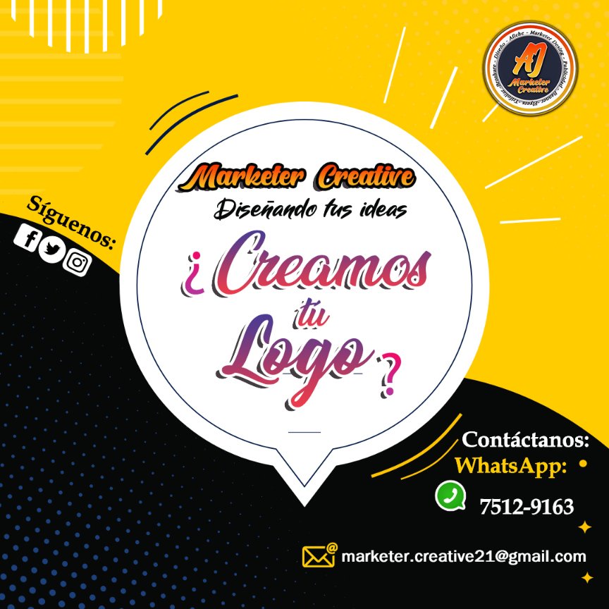 CreatiMarketer's tweet photo. ¿TE CREAMOS TU LOGO? DALE UNA IDENTIDAD CORPORATIVA A TU EMPRESA, Y MARCA LA DIFERENCIA.
Pedidos y consultas al 📩 DM o al WhatsApp: 📲 7512-9163 Síguenos: @CreatiMarketer 
#MarketerCreative #CommunityManager #DesingCreative #Diseñandotusideas #TúMarca #IdentidadCoorporativa https://t.co/taRCVE5nyo