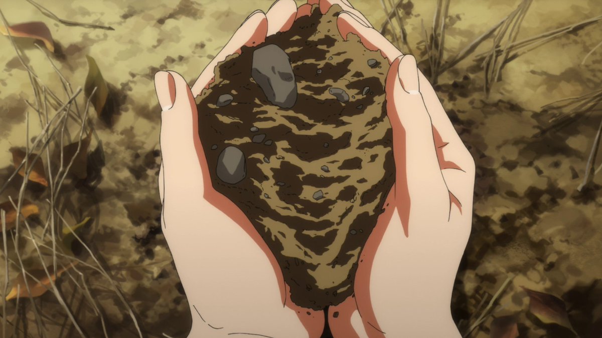 We're immediately hit with the idea of death and rebirth that's gonna be later revealed in the show when Ai picks up a bug and buries it. From the soil where it was buried, she even places a plant above it, showing how she wants new life to spurt from the deceased.