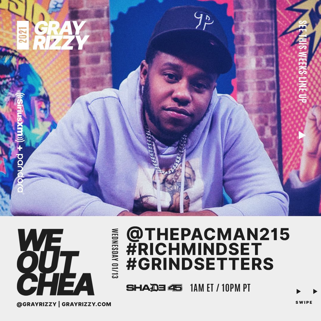 Shade45's tweet image. 215 Whaddup! TONIGHT @grayrizzy welcome’s #Philly artist @215Pacman on The #WeOutchea Show! Tune in starting at Midnight ET / 9p PT! #GOINCRAZY #BACKEND #RICHMINDSET #GRINDSETTERS 🔥