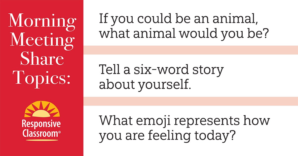 responsiveclass's tweet photo. One way to maintain a sense of normalcy is to hold daily Morning Meetings. Try asking these questions and prompts to spark discussion and engagement. Read the article to learn more. https://t.co/WlMsX1ABPv  @CRSlearn @FlyFiveSEL #sel #responsiveclassroom https://t.co/2BaZceV15k