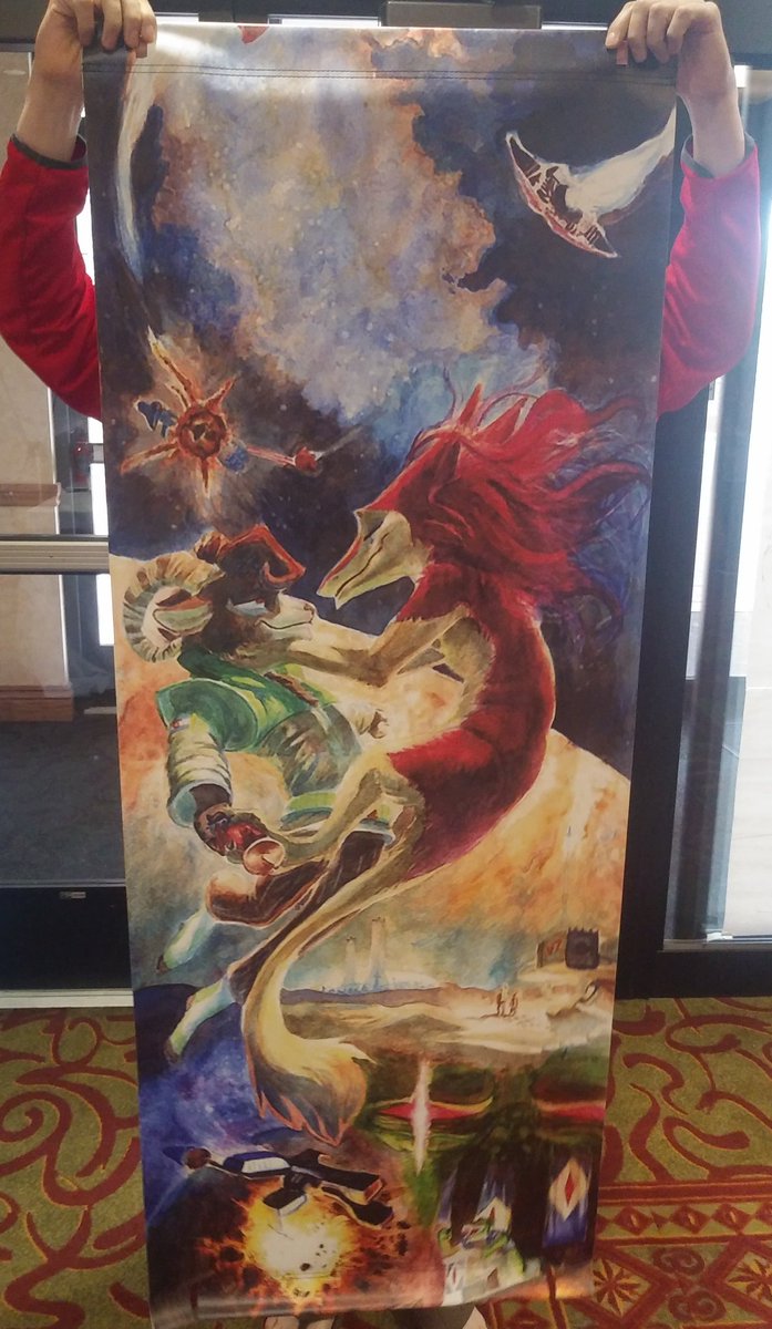 Tailpoof's tweet photo. Also for #PortfolioDay, I want to show off this banner I made for DenFur 2019.

Can you believe I made this in prison? It was a 4-piece watercolor that my family helped stitch together.

Unfortunately, due to an error, the banner never got displayed at the convention. https://t.co/i18DoX6t4F