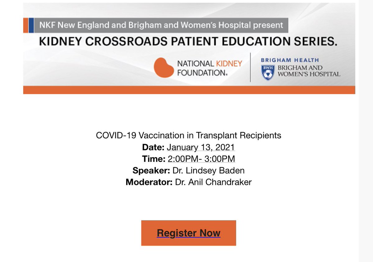 Please join us for our BWH Kidney Crossroads in association with NKF New England. Register at kidney.secure.force.com/rc_connect__ca… If you cannot make the event a link of the recording will be sent to those who register.