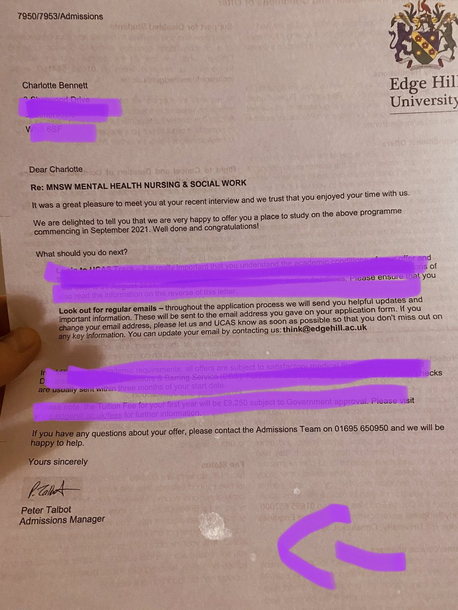 50bennett's tweet photo. My daughter Charlotte has secured a place @edgehill to do her dual profession 😮 A Masters in mental health nursing and social work !4 years of academic slog to become the best nurse and social worker ever !  so so PROUD of you Charlotte @LathomHS 👌🏼📚 https://t.co/xshLCkh3gD