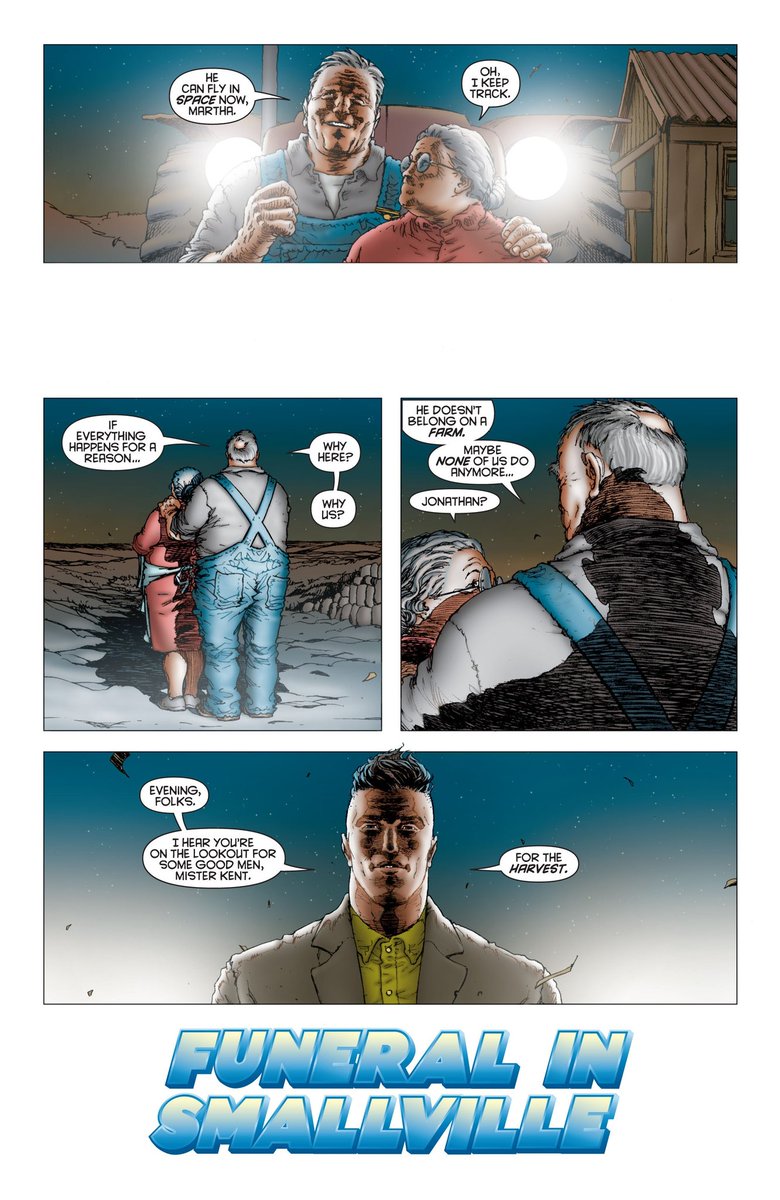 This contrast between these two pages is also very important. Clark has to grow out of Smallville. Yes, the place is a fundamental part of who he is, but to be the champion the universe needs, he has to keep moving forward. The Man of Tomorrow has to outgrow the past.