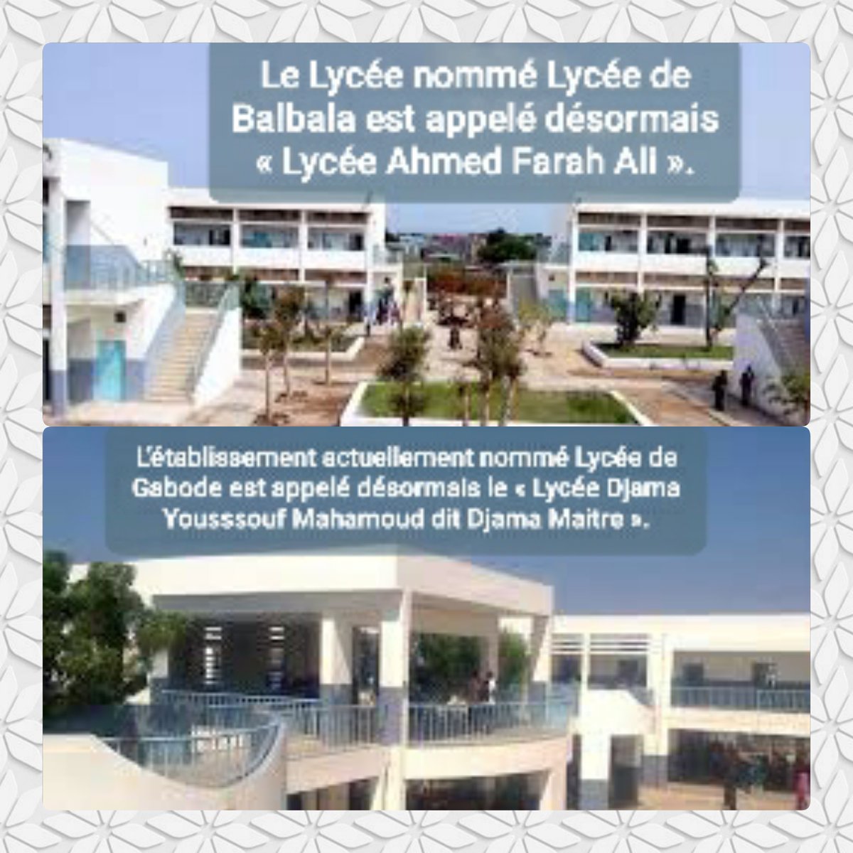 CapitaineHassan's tweet image. #MENFOP : Parmis ses Nouveautés apportées...

L’établissement actuellement nommé #Lycée de #Gabode est appelé désormais le « Lycée #Djama #Yousssouf #Mahamoud dit Djama Maitre ».

En outre,  Le Lycée nommé #Lycée de #Balbala est appelé désormais « #Lycée #Ahmed #Farah #Ali ».