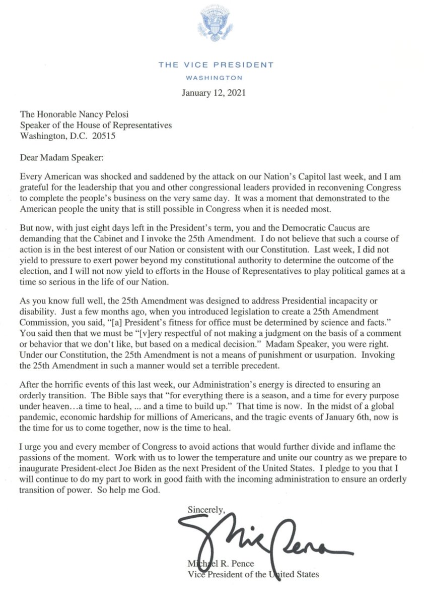 Pence tells Pelosi he does not support invoking the 25th Amendment against Trump and also warns her and other members of Congress against 'actions that would further divide and inflame the passions of the moment.'