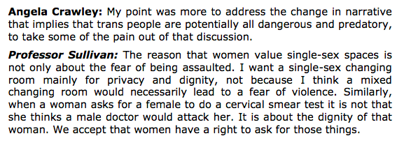 Angela Crawley MP suggested they were saying that all males who identify as women are potentially dangerous. Alice Sullivan said no, thats not what they were saying. Women not wanting to undress in front of males does not mean you think they are all violent abusers.