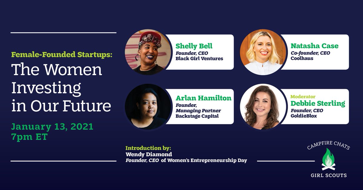Learn more about entrepreneurship 💼  and equity tomorrow, January 13th, at 7pm ET, at the Girl Scouts' next virtual Campfire Chat! You’ll hear from trailblazing women leaders working to make the world a more equitable place. RSVP at bit.ly/2J6duei!
