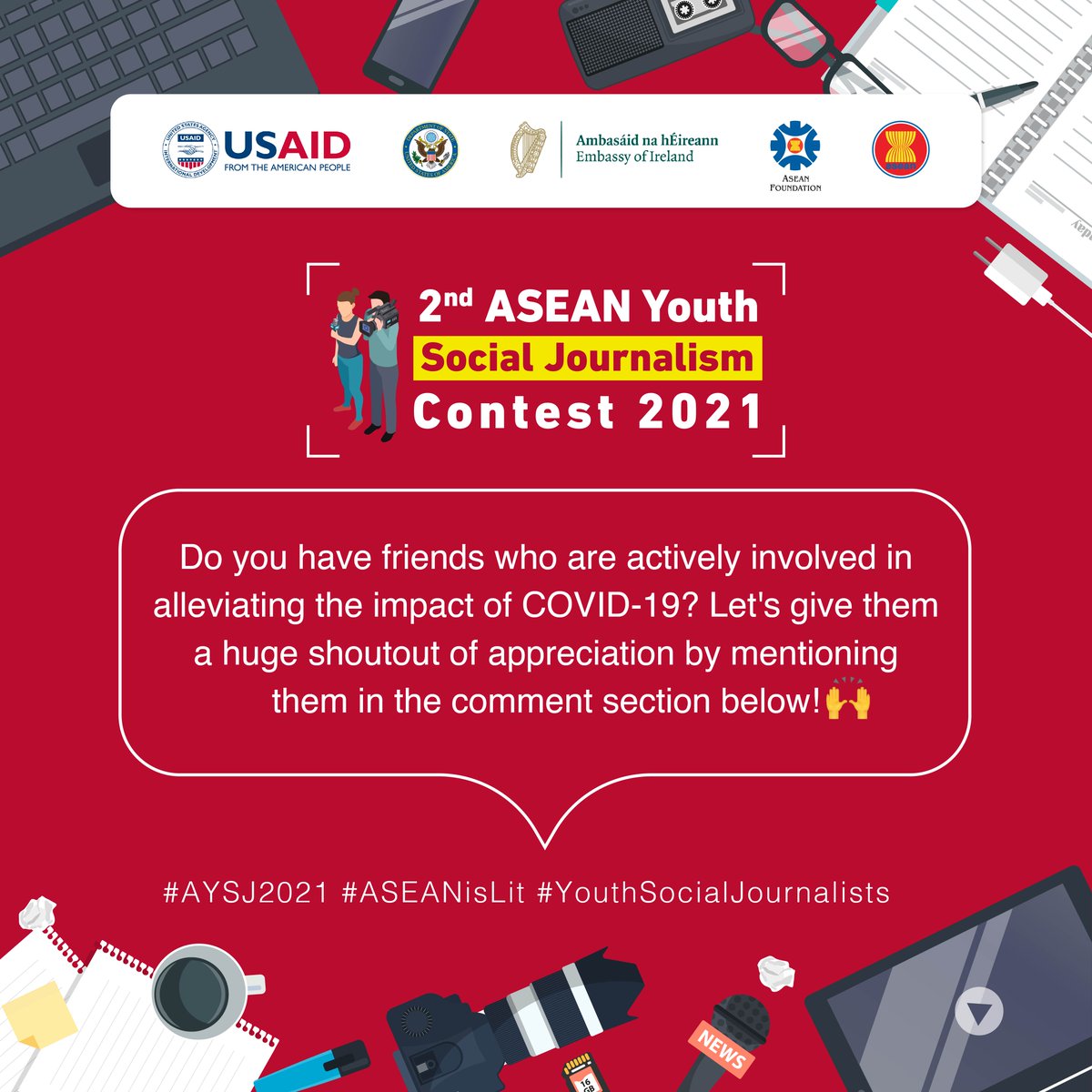 aseanfoundation's tweet photo. Do you have an idea that can help the community? Join #AYSJ2021 & share us your essay and campaign idea with the theme “#ASEANYouth and COVID-19: Response, Recovery, and Resilience”.
Submit before Feb 14 at https://t.co/X55NL5L9NW
#YouthSocialJournalist #ASEANisLit #WeAreASEAN https://t.co/y8cRXRW0ny