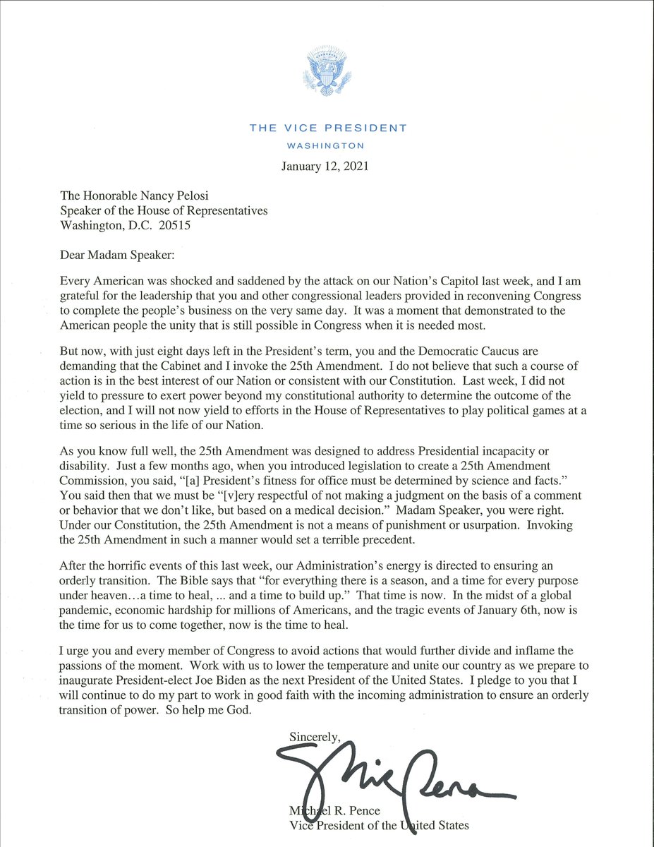 ABC's tweet photo. JUST IN: VP Mike Pence says in letter to House Speaker Nancy Pelosi he will not invoke the 25th Amendment. https://t.co/RR6TeLCEpr https://t.co/lbmQsrut8c