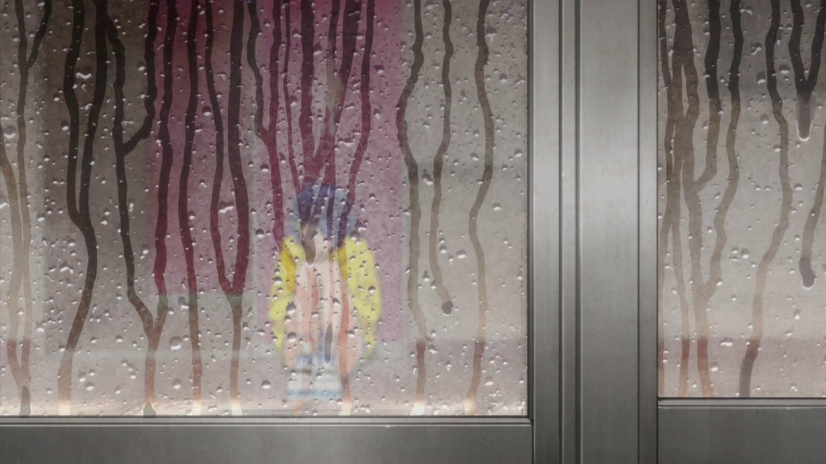 There's just a lot of sadness going on in Ai's mind. This shot is taken from outside of a window looking in on Ai, showing how she feels trapped. There's also the water droplets and the fogginess of the window to reflect her inner emotions being sad and hazy.