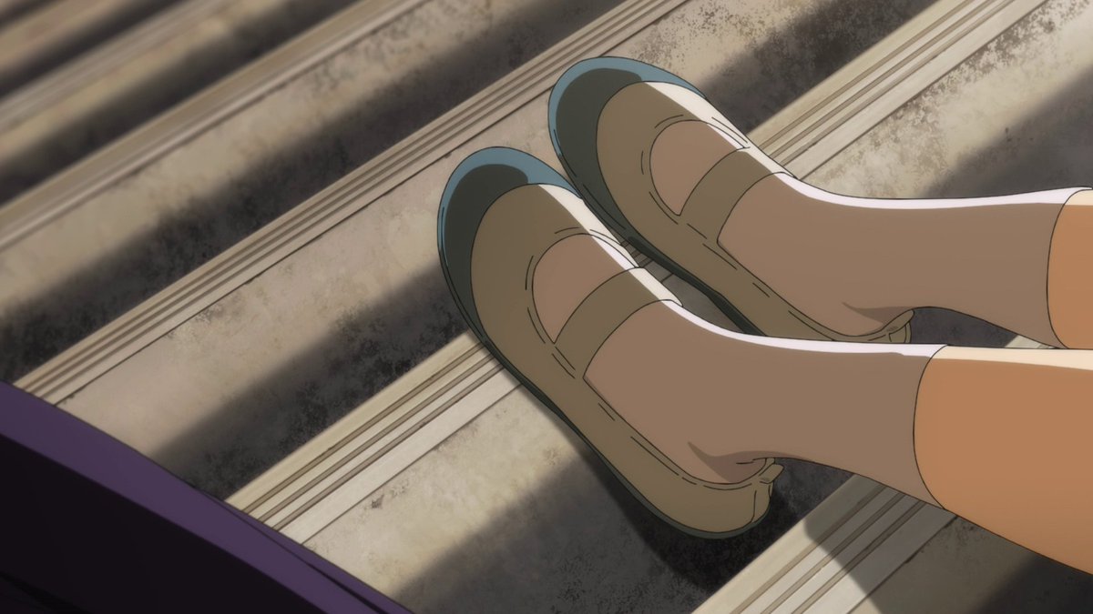 The shots during Ai and Koito's conversation is well shot with Koito either being cut off by the frame or the attention drawn to her feet. This shows how shy Ai is, the camera is taking on her way of looking at Koito, she's averse to direct eye contact as reflected by the shots.