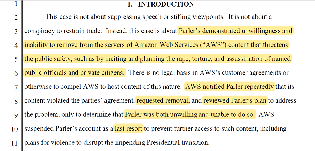 If Amazon can prove what they say in this paragraph, it is extremely likely (given the AWS terms of service) that Parler winds up paying not just the solo they hired, but also Davis Wright Tremaine.