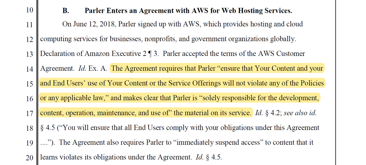 Also, as AWS points out, Parler agreed that Parler was responsible for its users' content when they contracted with AWS.