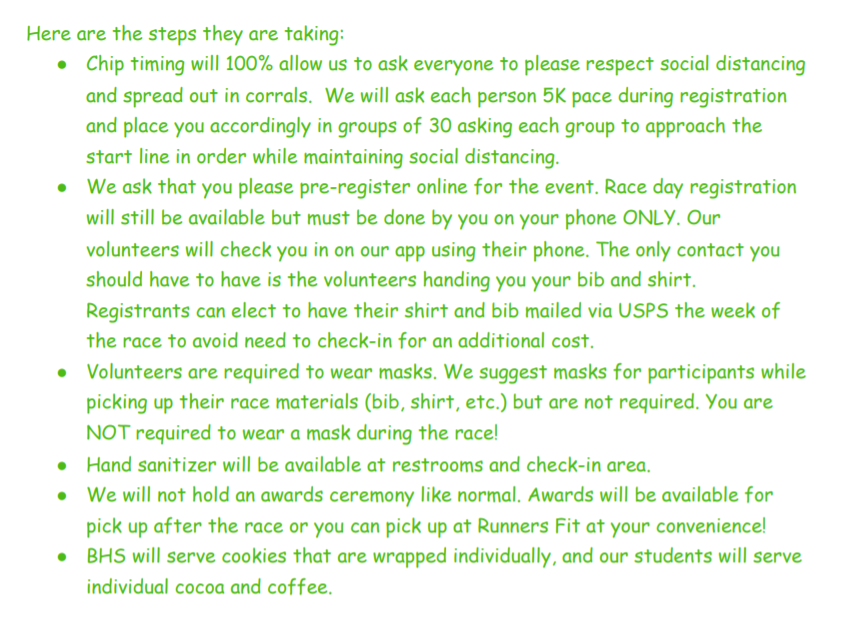 Our AWESOME race timing company has plans to help keep us socially distanced at the race! See the information below!  Sign up by Tuesday, 1/19 to guarantee your t-shirt!!