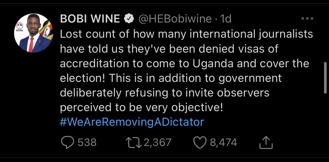 Uganda holds their presidential election on Thursday. The current president has been there for 35years.

He has shut down all social media in Uganda. He has arrested many times the opposition candidate BobiWine.

If you wonder why #WeAreRemovingADictator is trending, this is why.