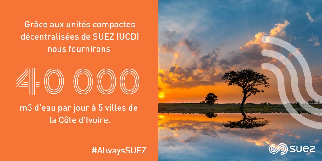 Dans le cadre du programme <a href="/EauPourTous/">eau pour tous</a> du Ministère de l’Hydraulique Ivoirien <a href="/MHydraulique/">Ministère de l'Hydraulique</a>, @SUEZ fournira 40 000 m3 d’eau par jour à 5 villes de #CotedIvoire via nos unités décentralisées de production d’eau potable UCD. Félicitations aux équipes #AlwaysSuez