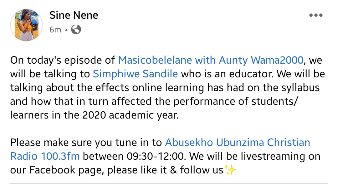 auntywama2000's tweet image. I will be your host, and @SIMPHIWESANDIL6 will be our guest. Please make sure you don&apos;t miss out on this one.

Let&apos;s meet on air at 09:30 on AUR 100.3FM🎙❤