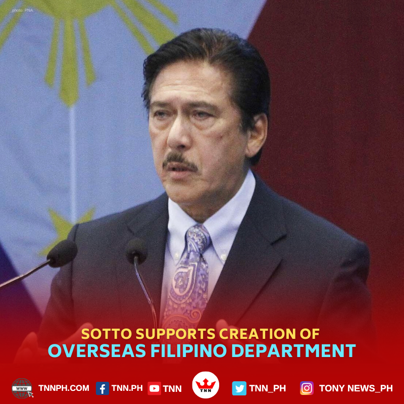 TNN_PH's tweet photo. Senate President Vicente Sotto III on Wednesday said he favors the creation of the Department of Overseas Filipinos because it jives with the Senate's priority of rightsizing the government bureaucracy. https://t.co/3Pa4q5km0S