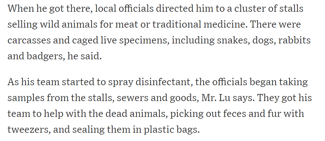 Even at the very first market in Wuhan associated with the covid outbreak, none of hundreds of animal samples tested positive for the virus.  https://www.wsj.com/articles/china-stalls-global-search-for-coronavirus-origins-wuhan-markets-investigation-11589300842