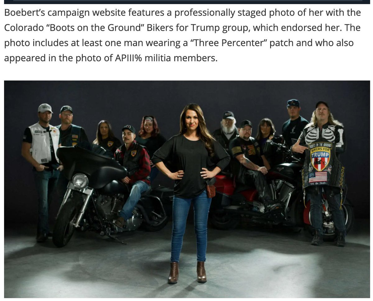 "Boebert’s campaign website features a...photo of her with the Colorado “Boots on the Ground” Bikers for Trump group...The photo includes at least one man wearing a “Three Percenter” patch and who also appeared in the photo of APIII% militia members."  https://coloradotimesrecorder.com/2021/01/a-brief-history-of-rep-boeberts-ties-to-extremist-conspiracy-groups/33692/