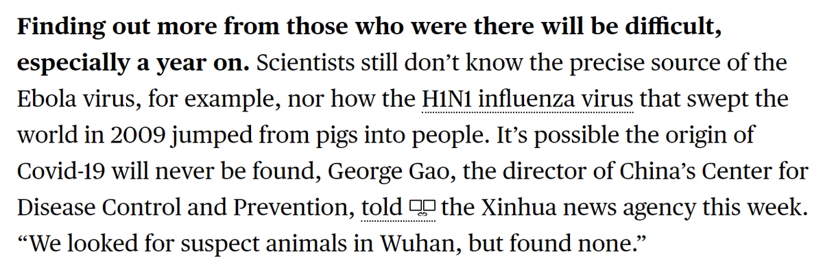 If we take their word, no animals in Wuhan city or even the province of Hubei have been found to be the source of the virus.  https://www.sciencemag.org/sites/default/files/Shi%20Zhengli%20Q%26A.pdfAlso from the Chinese CDC director:  https://www.bloomberg.com/news/features/2020-12-30/china-is-making-it-harder-to-solve-the-mystery-of-how-covid-began