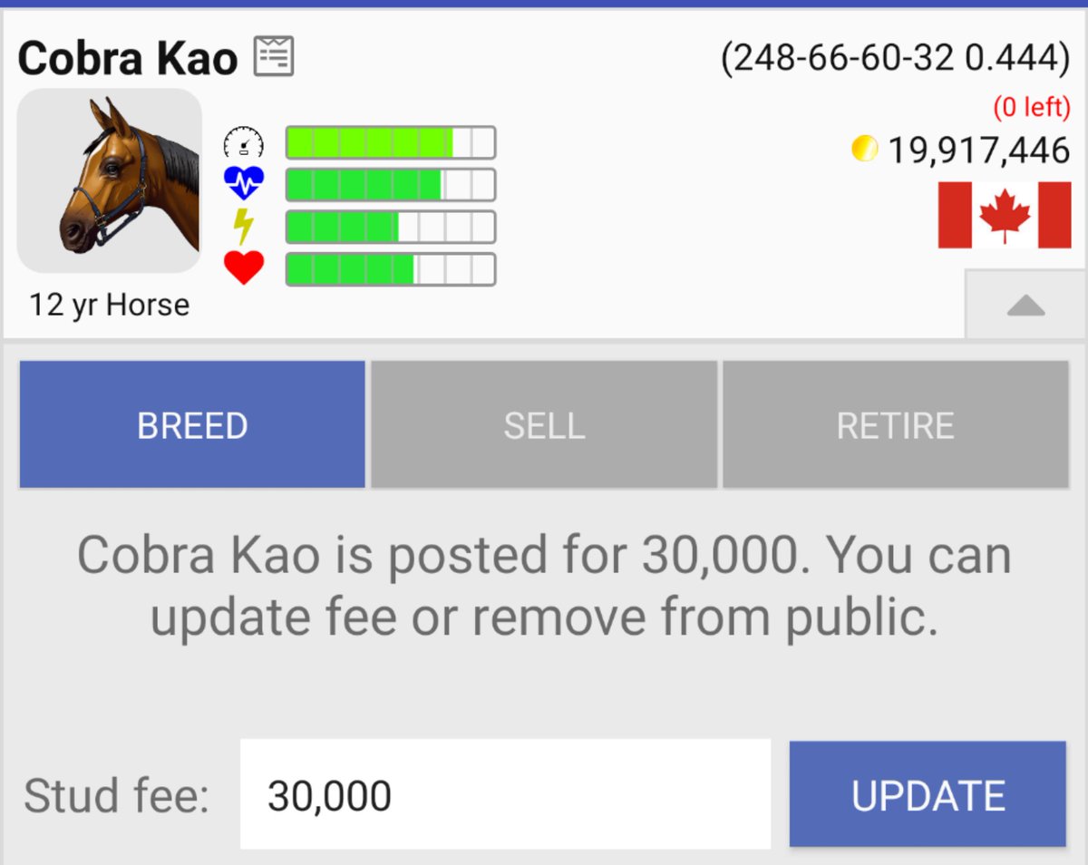 *Sire Alert* - Staying in America, Cobra Kao will stand in the USA for a discounted 30k! He sells out early so come get some in week 1 while you can! <a href="/AndPacing/">Off and Pacing</a> <a href="/BadJumpGames/">Bad Jump Games</a> <a href="/Gingras3/">Yannick Gingras</a> <a href="/DreamalotStable/">Dreamalot Stables</a> <a href="/Bpezz97/">Bobby Pezzulo</a> <a href="/TonyPezzulo27/">Tony Pezzulo</a> <a href="/Ralphie9/">Nicholas Boyd</a>