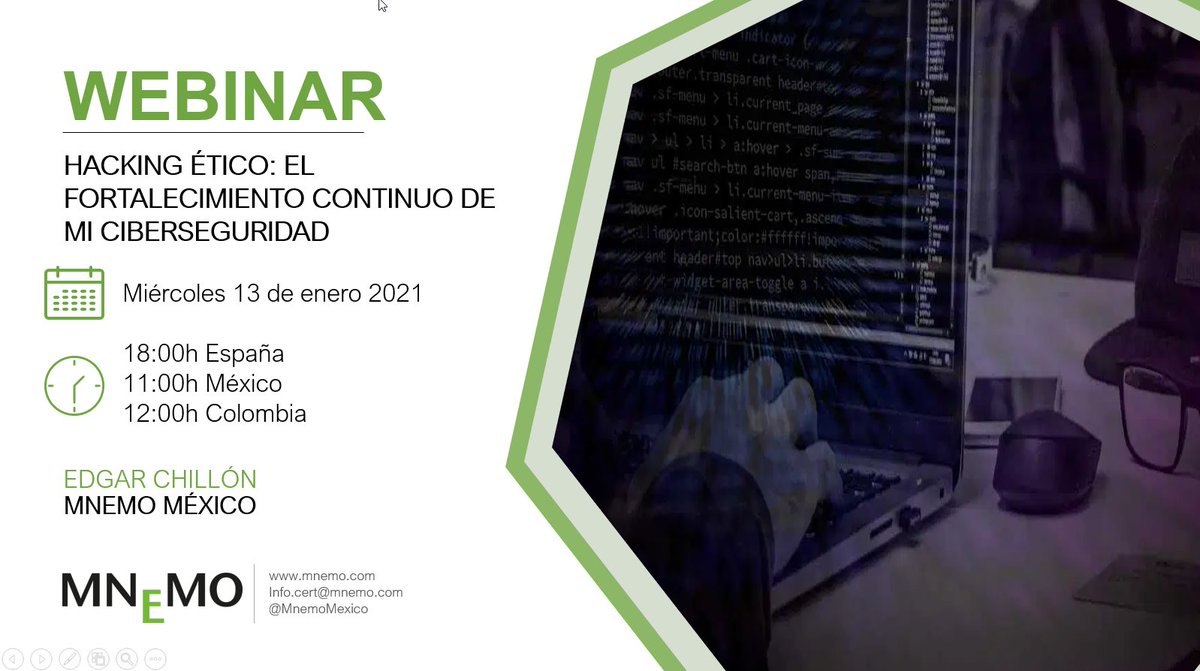 Mnemo_Mexico's tweet photo. No olviden que mañana tenemos #webinar de #ciberseguridad abordaremos el concepto de Hacking Ético y su aplicación para el fortalecimiento continuo de ciberseguridad para las organizaciones.✅🛡️

📆 Miércoles 13 de enero 2021
🕚11:00 hrs. Mex.
➡ https://t.co/lVtIPGzo4r https://t.co/LniIBDHNb5