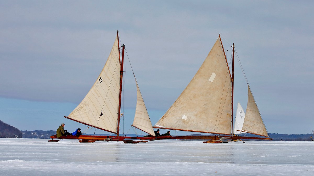 Battlemaps's tweet image. Antique iceboats on the frozen Hudson River near Astor Point in Barrytown, New York #WinterWonderland #NYC