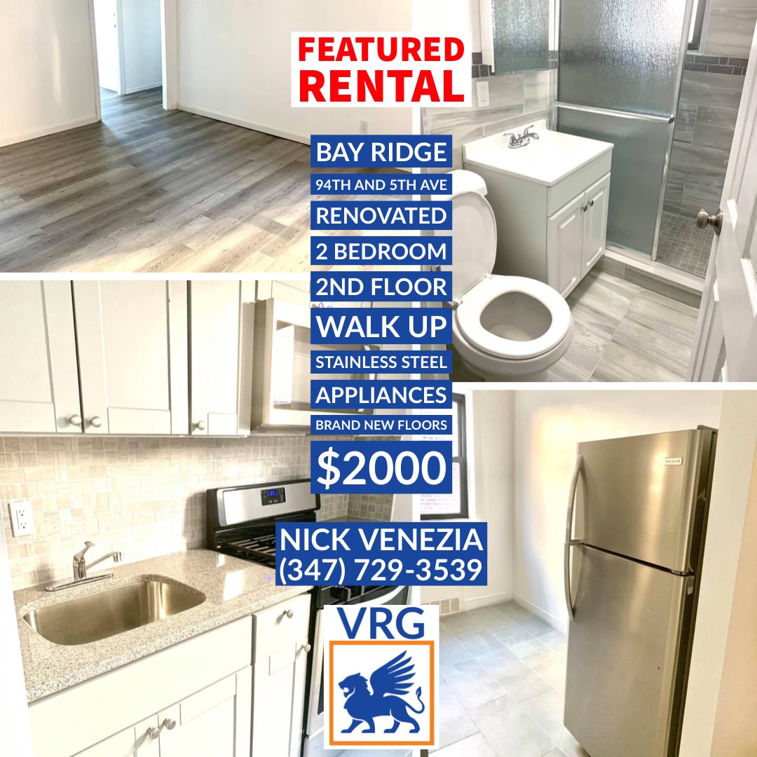 NCVrealty's tweet photo. #featured rental alert 🚨 #BayRidge 
94th and 5th ave 
Renovated 2 Bedroom 
2nd floor Walk Up
Stainless Steel Appliances 
Brand new floors....Contact me for showings and more info only $2000 #veneziarealtygroup #vrgllc #rentalproperty #rent #featured #rentwithvenezia #lease https://t.co/v4rbjOs3QV