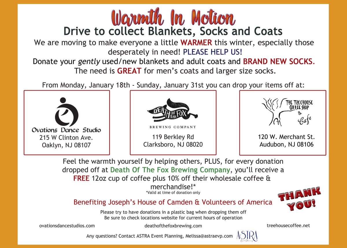 AstraEVP's tweet photo. Warmth in Motion begins Jan 18th in honor of MLK Day of Service.  We need blankets, adult coats &amp; NEW socks! Drop off locations: Ovations Dance Studio @DOTFBrewingCo &amp;  @treehousecoffee All info below! Message us with any questions! #WarmthInMotion #MLKDayofService #AstraEVP https://t.co/0xYapfAnAv
