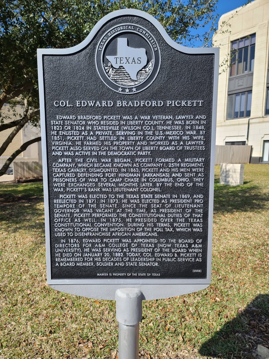 Como dato adicional, aquí vino a vivir Edwards Bradford Pickett, quien participó en la guerra México - Estados Unidos como soldado raso. Fue abogado y despues se unió como capitán del ejército confederado. Fue el primer presidente de la mesa directiva de  @TAMU en 1876.
