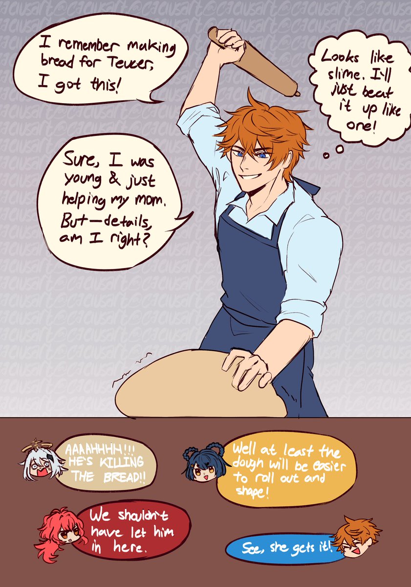 caelusart's tweet photo. try guys without a recipe except it's #GenshinImpact with kaeya, childe, zhongli and bennett as our stars ft. diluc, xiangling and paimon as judges. https://t.co/3cOyNf1WFU