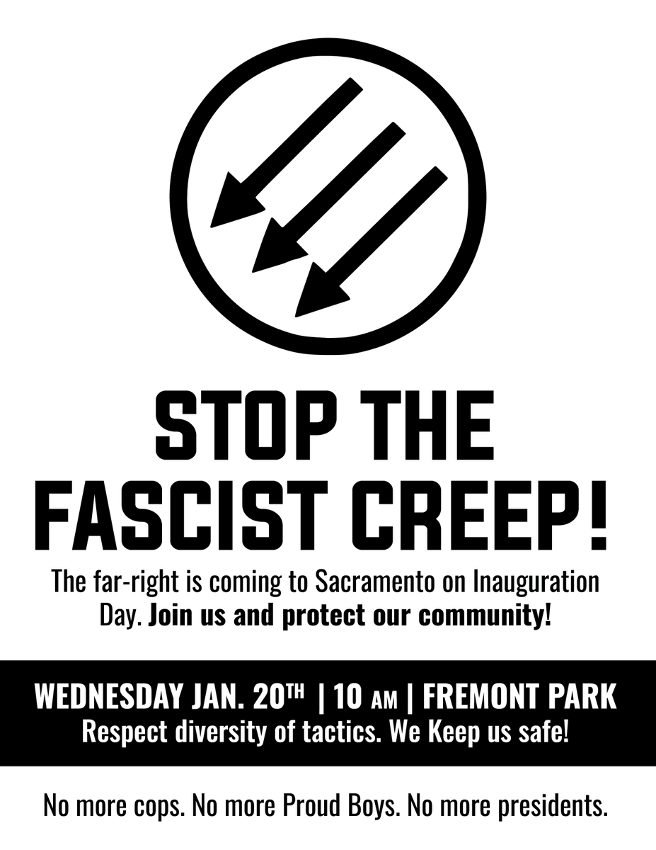 AntifaSac_'s tweet photo. New on our site!
A printable promo flyer for J20 - Stop The Fascist Creep - All Out For Sacramento! We'll be getting these up all over Sac! Join us in getting these up all over the Sac area & nor cal! #AllOutForSac #AntifascistAction
https://t.co/OkC4ano32p https://t.co/p0E3w5iQvD