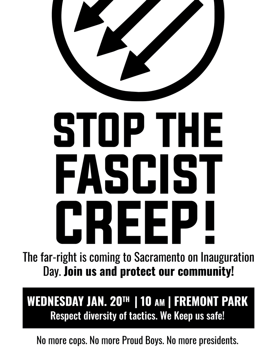 AntifaSac_'s tweet photo. New on our site!
A printable promo flyer for J20 - Stop The Fascist Creep - All Out For Sacramento! We'll be getting these up all over Sac! Join us in getting these up all over the Sac area & nor cal! #AllOutForSac #AntifascistAction
https://t.co/OkC4ano32p https://t.co/p0E3w5iQvD