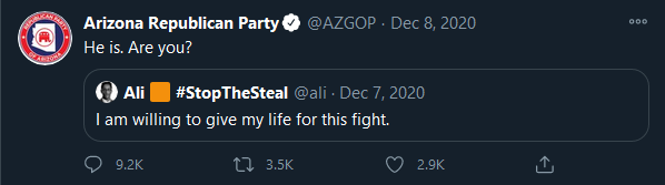 It's not just the three GOP congressmen that were conspiring with Ali Alexander. It appears to be the whole of the Arizona GOP.Interestingly, they have appeared to scrub most references to Ali on their Twitter page.(second photo clipped by  @jason_paladino)
