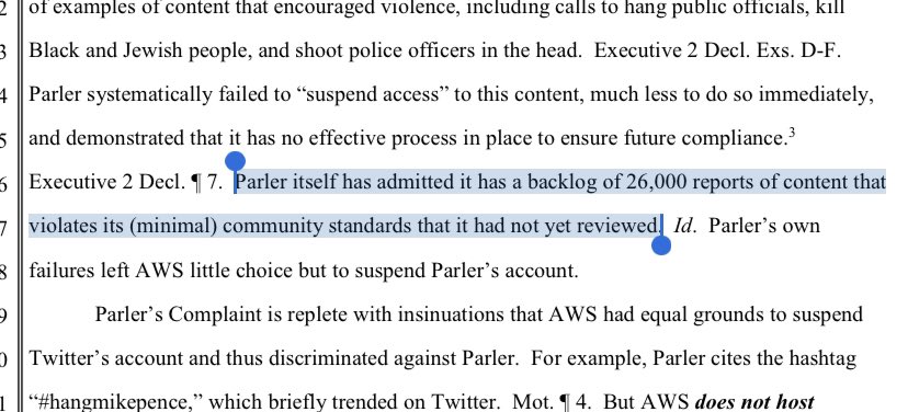 A few things from Amazon’s response to the Parler suit... There were many examples of vile and violent speech on Parler and this claim that Parler’s content moderation was so woefully inadequate for its scale, that it had a backlog 26,000 reported posts to review