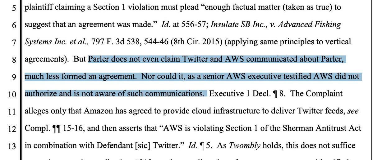 Parler's antitrust argument amounted to alleging (without evidence) that Twitter and Amazon colluded to crush Parler. Amazon says they know of no such communication about the issue btwn the companies