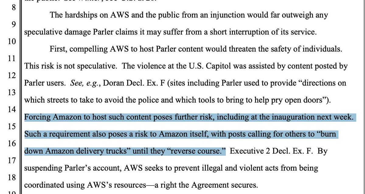 Amazon said there was an immediate danger to keep supporting Parler, citing plans for the inauguration and threats against Amazon workers