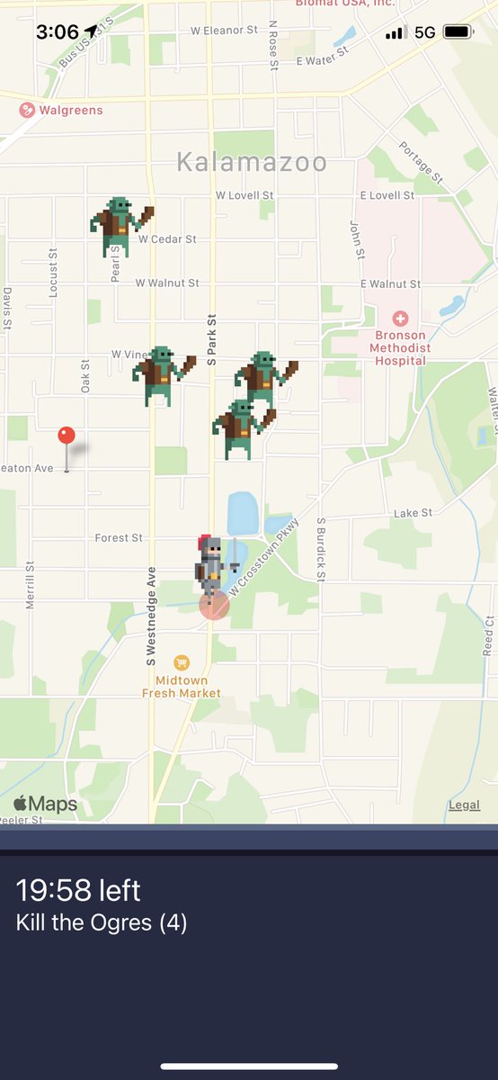 RunSideQuest's tweet photo. Mobs are now being automatically placed on the map. I am querying Open Street Maps Overpass api, getting a point along a residential road within a given radius. There isn’t any route planning but it’s enough to play test. #OpenStreetMap #osm #gps #rpg #game #running https://t.co/j9hsDg8Ghn