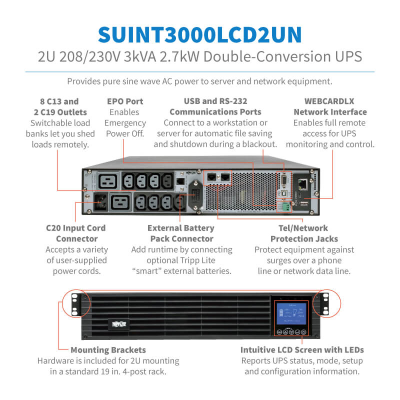 plexusSL's tweet photo. #TRIPPLITE On-line double-conversion UPS provides pure sine wave AC output to server and network equipment in #datacenters and computer rooms
208/230V 3000VA 2700W double-conversion #UPS - 10 Outlets, Extended Run, WEBCARDLX, LCD, USB, DB9, 2U
#TrippLite #UPS  #rackmount https://t.co/cnLXQTsitx