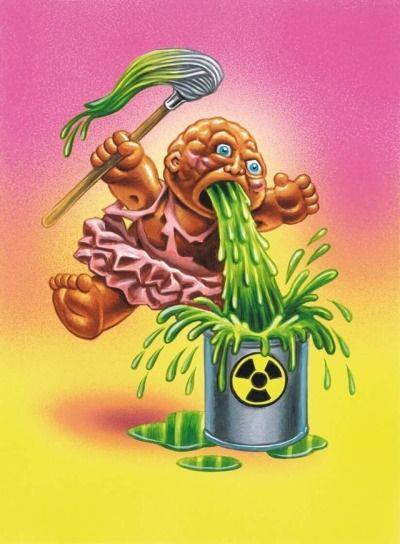Outside mainstream toys & kid's TV media, slime/ toxic waste and it's 'cool gross-out association' was also becoming popular. Examples from skateboarding culture (1 & 3), the Garbage Pail Kids (2), and 80s movies like 'The Stuff' and 'The Blob' remake in 1988.