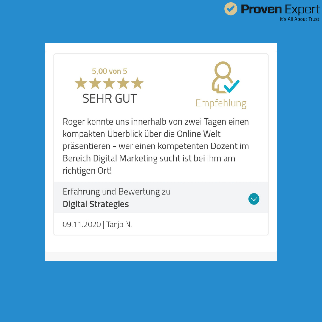 analyticsagentu's tweet photo. Wir freuen uns über die zahlreichen Bewertungen unserer Kunden! 📈

Über 280 Bewertungen auf #ProvenExpert für Coachings, Workshops, #Webinare und noch viele weitere Themen im Digital Marketing. 🙌🏼 https://t.co/YTyHVnAg3C