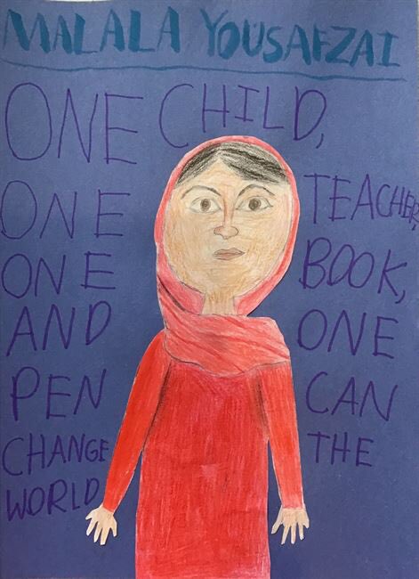 The fourth grade students created portraits in the style of <a href="/WillJohnsonTX/">Will Johnson</a>.  This portrait of <a href="/Malala/">Malala Yousafzai</a> is outstanding. #inspire96