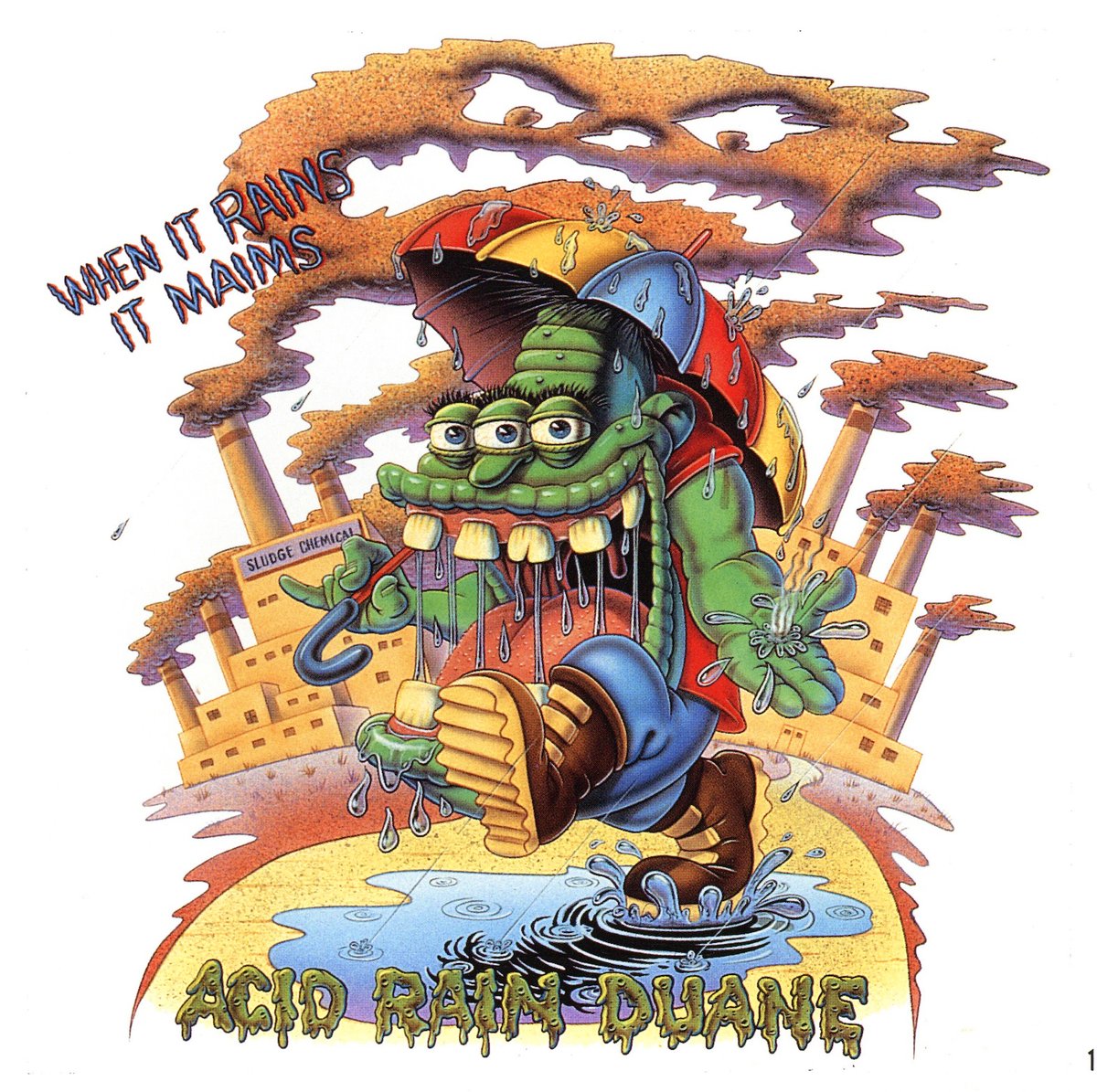 Just a quick aside, this fascinating time capsule of when panic about acid rain was the hot news topic. Resulted in items like this, the 'Acid Rain Duane' card from a line called 'Toxic Waste Zombies' (1991)Scanned from the book 'Airbrush Action 2'